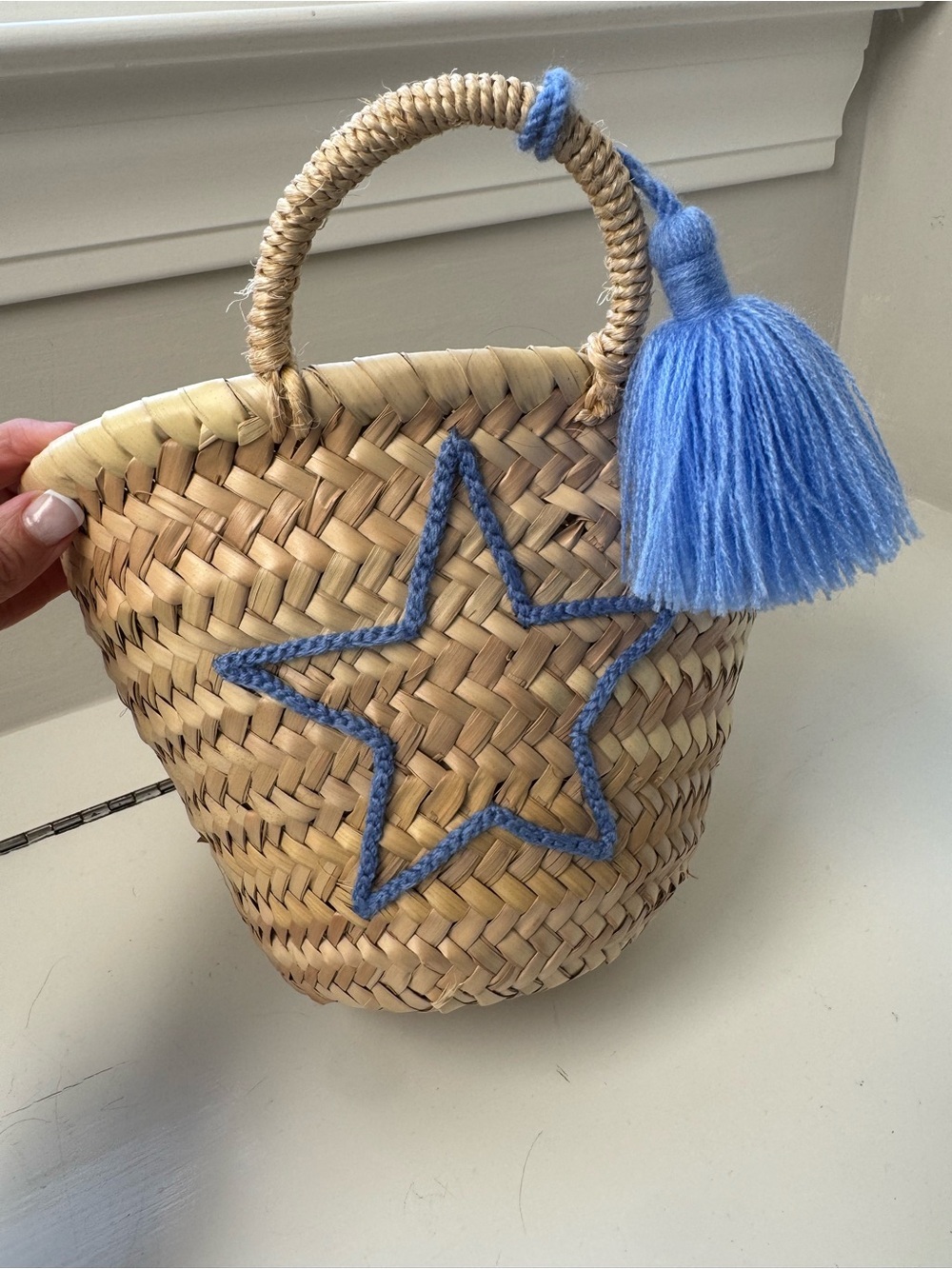 Woven Straw Kids Bag with Blue Star and Tassel Accent